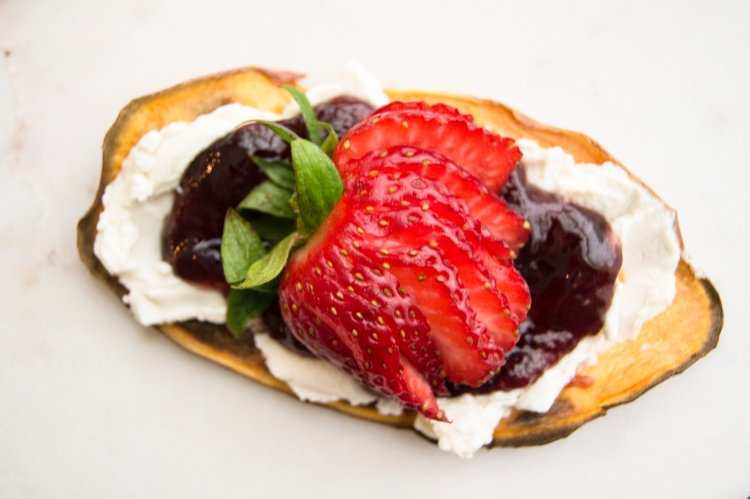 sweet potato toast with cream cheese, jam, and strawberry toppings